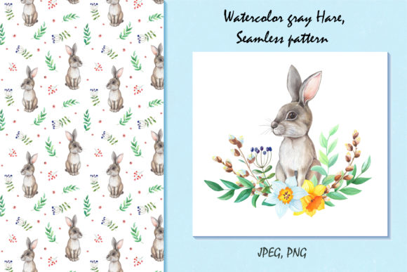 Watercolor Gray Hare, Flower, Leaves – Springtime Graphic Collection